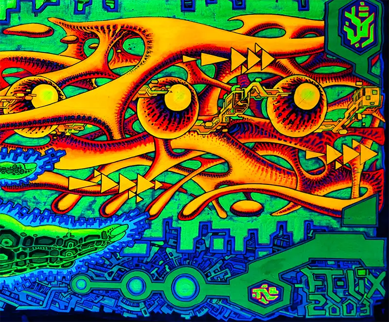 querformat, Neonfarben grün, orange, violett, blau, Strukturen eines Raumschiffes, ein grüner Kopf links, details Raumstruktur