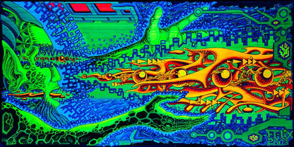 querformat, Neonfarben grün, orange, violett, blau, Strukturen eines Raumschiffes, ein grüner Kopf links