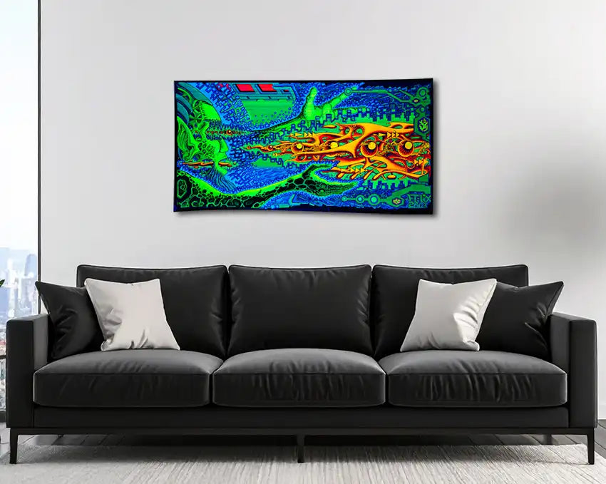 fineart Print, Neonfarben grün, orange, violett, blau, Strukturen einer Galaxie, an wand, 120 x 60 cm, felix stöver, Kunst-Direkt.des