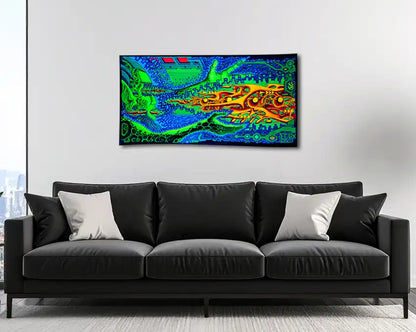 fineart Print, Neonfarben grün, orange, violett, blau, Strukturen einer Galaxie, an wand, 120 x 60 cm, felix stöver, Kunst-Direkt.des