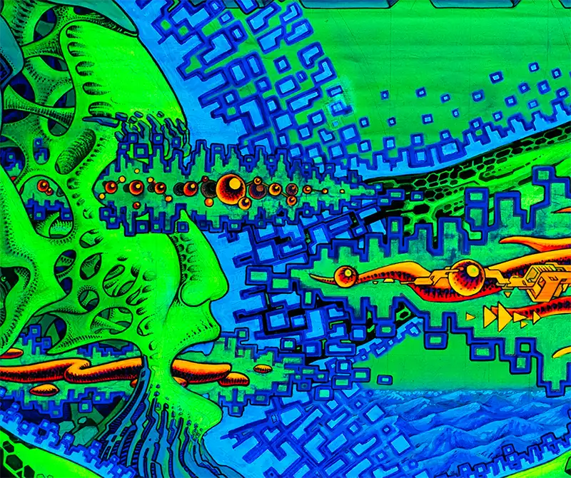 fineart Print, Neonfarben grün, orange, violett, blau, Strukturen einer Galexie, details farben,  120 x 60 cm, felix stöver, Kunst-Direkt.de