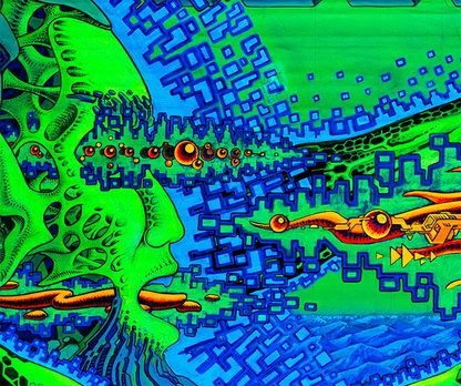 fineart Print, Neonfarben grün, orange, violett, blau, Strukturen einer Galexie, details farben,  120 x 60 cm, felix stöver, Kunst-Direkt.de