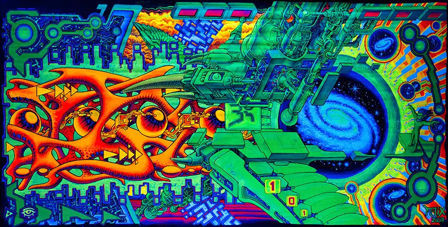 fineart Print, Neonfarben grün, orange, violett, blau, Strukturen eines Raumschiffes, 120 x 60 cm, felix stöver, Kunst-Direkt.de