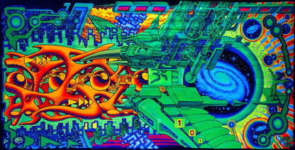 fineart Print, Neonfarben grün, orange, violett, blau, Strukturen eines Raumschiffes, 120 x 60 cm, felix stöver, Kunst-Direkt.de