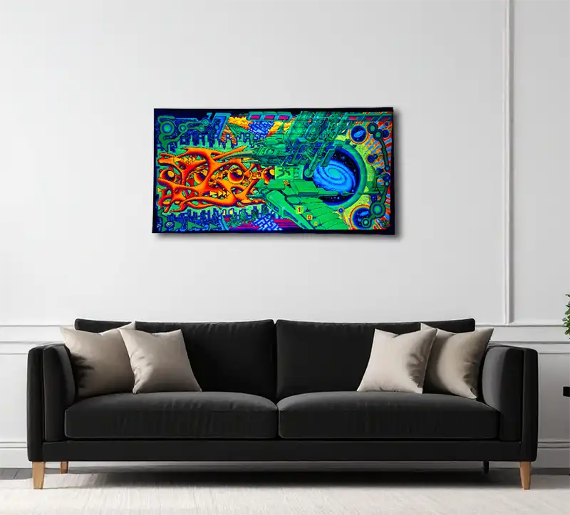 fineart Print, Neonfarben grün, orange, violett, blau, Strukturen eines Raumschiffes, an wand, 120 x 60 cm, felix stöver, Kunst-Direkt.de