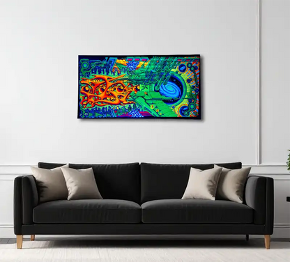 fineart Print, Neonfarben grün, orange, violett, blau, Strukturen eines Raumschiffes, an wand, 120 x 60 cm, felix stöver, Kunst-Direkt.de