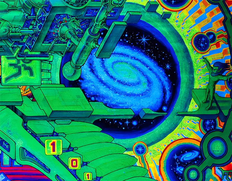 fineart Print, Neonfarben grün, orange, violett, blau, Strukturen eines Raumschiffes, details farben, 120 x 60 cm, felix stöver, Kunst-Direkt.de