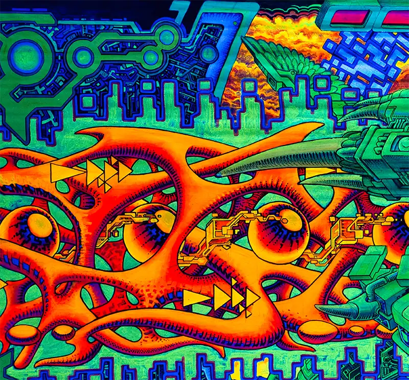 fineart Print, Neonfarben grün, orange, violett, blau, Strukturen eines Raumschiffes, details struktur, 120 x 60 cm, felix stöver, Kunst-Direkt.de