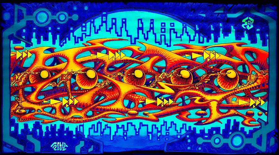 Querformat, neonfarben organge, blau, gelb, organische gewachsene Strukturen in orange