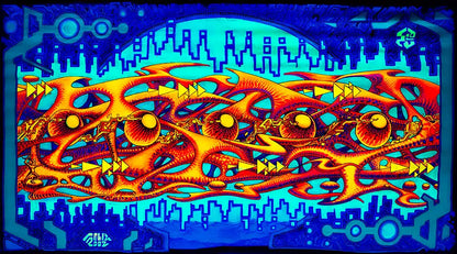 Querformat, neonfarben organge, blau, gelb, organische gewachsene Strukturen in orange