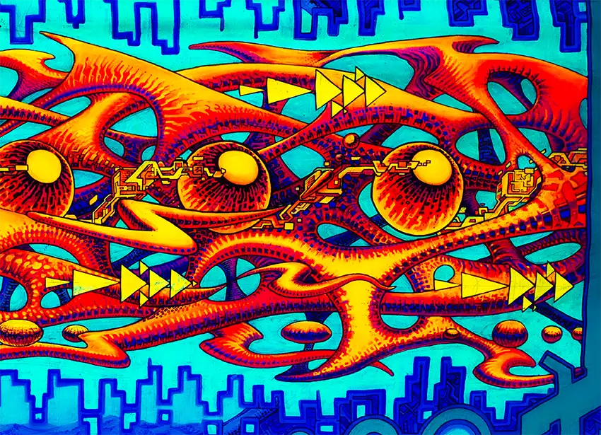 Querformat, neonfarben organge, blau, gelb, organische gewachsene Strukturen in orange, Detail der Strukturen