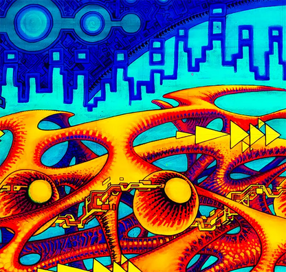 fineart Print, Neonfarben grün, orange, gelb, blau, Strukturen einer Galaxie, details struktur, 120 x 60 cm, felix stöver, Kunst-Direkt.de