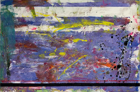 ein abstraktes Gemälde im querfomat, gelbe und violette Strukturen, Spachtelspuren, horizonale weiße Linien, ein schwarzern horizonaltes Strich