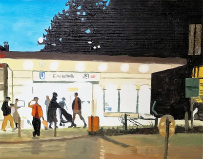 Ölgemälde einer U-Bahnstation in Hamburg in Abendstimmung, Menschen, Ampeln, Autos, Stadtstimmung, Detail der Station mit Menschen