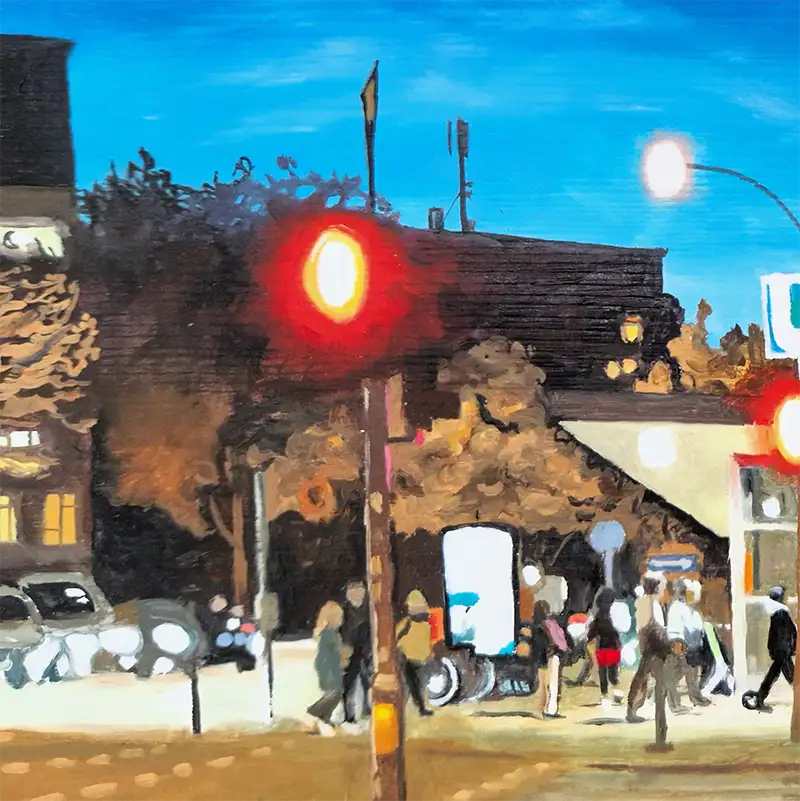 Ölgemälde einer U-Bahnstation in Hamburg in Abendstimmung, Menschen, Ampeln, Autos, Stadtstimmung, eine rote Ampel leuchtet