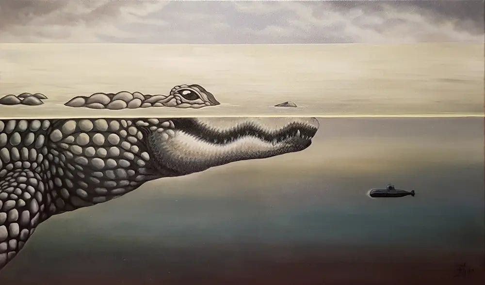 U-Ligator – Ölgemälde von Julia Eckler, 100x60 cm, surrealistisch, Alligator und U-Boot in Grautönen | Kunst-Direkt.de
