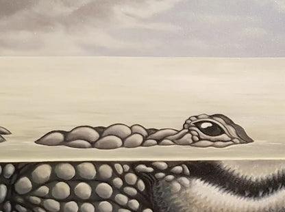 Detailaufnahme U-Ligator – Winziges U-Boot passiert gigantischen Alligator-Kiefer, surreales Spiel, Julia Eckler | Kunst-Direkt.de
