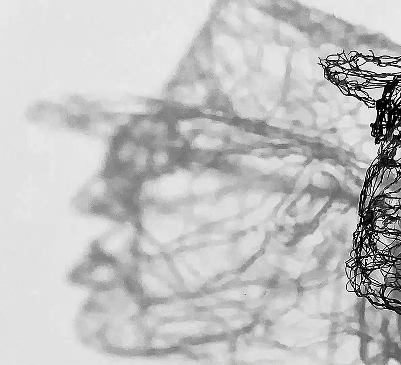 Das foto der Drahtskulptur von Udo Lindenberg als Fineartprint vor weißem Hintergrund, Detailansicht des Schattens