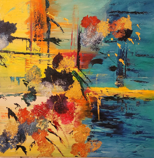 Original Ölgemälde Unter dem Blätterdach von Roger Ziereisen – Abstrakte Landschaft mit Blattstrukturen und Goldtönen auf Leinwand 100x100cm, Kunst-Direkt.de / Newart.gallery