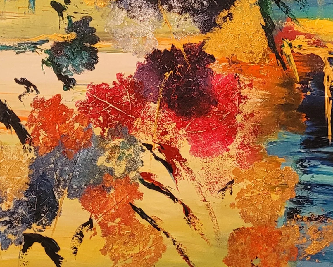 Detailansicht Unter dem Blätterdach Roger Ziereisen – Pastose Spachteltechnik, Blattabdrücke und Farbkontraste in Öl, detail1, Kunst-Direkt.de / Newart.gallery
