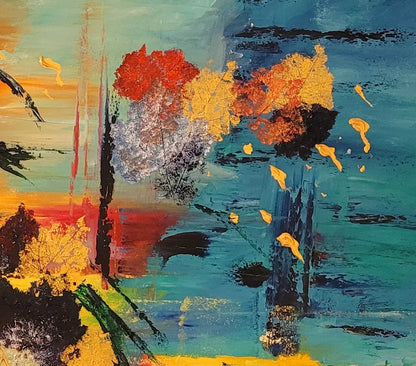 Detailansicht Unter dem Blätterdach Roger Ziereisen – Pastose Spachteltechnik, Blattabdrücke und Farbkontraste in Öl, detail2, Kunst-Direkt.de / Newart.gallery