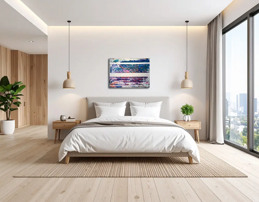 Das abstrakte Gemälde Vicko hängt in einem Schlafzimmer über dem Bett an einer hellen Wand, rechts ein Fenster