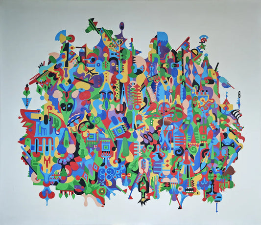 Vielleicht Australien – Ölgemälde von Dieter Roth, 120x140 cm, expressiver Surrealismus, Wimmelbild in Blau-Grün-Orange vor weißem Hintergrund | Kunst-Direkt.de
