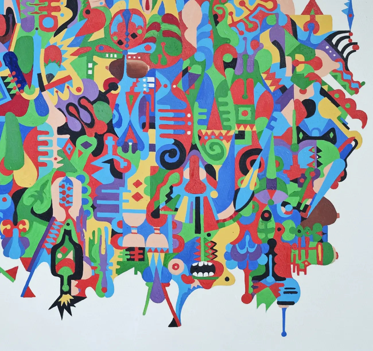 Detailaufnahme Vielleicht Australien – Maskenartige Gesichter, stilisierte Naturformen und ornamentale Muster, maximale Leuchtkraft, Dieter Roth | Kunst-Direkt.de
