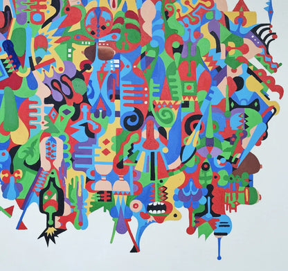 Detailaufnahme Vielleicht Australien – Maskenartige Gesichter, stilisierte Naturformen und ornamentale Muster, maximale Leuchtkraft, Dieter Roth | Kunst-Direkt.de
