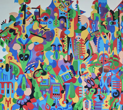 Detailaufnahme Vielleicht Australien – Vogelähnliche Silhouetten, Kaleidoskop-Komposition, Ultramarin und Smaragdgrün, Dieter Roth | Kunst-Direkt.de
