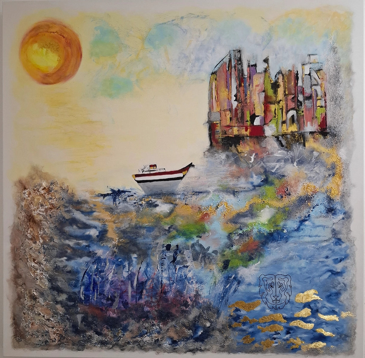 Original Acrylgemälde Visions Set Sail von Elena Grumann – Maritime High-Fashion-Abstraktion mit Schiff, 24K Blattgold und Stadtarchitektur 80x80 cm, Kunst-Direkt.de / Newart.gallery