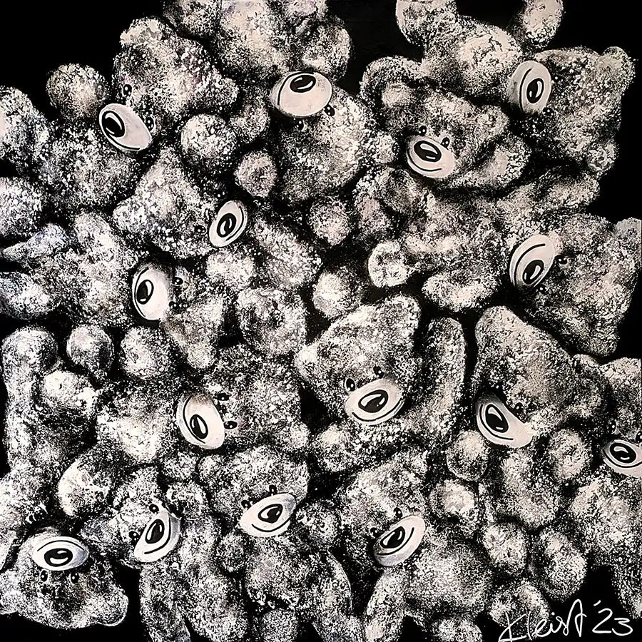 Wir sind viele – Gemälde von Ute Kleist, 120x120 cm, dicht gedrängte Teddybären in Schwarz-Weiß-Grau, Geborgenheit | Kunst-Direkt.de


