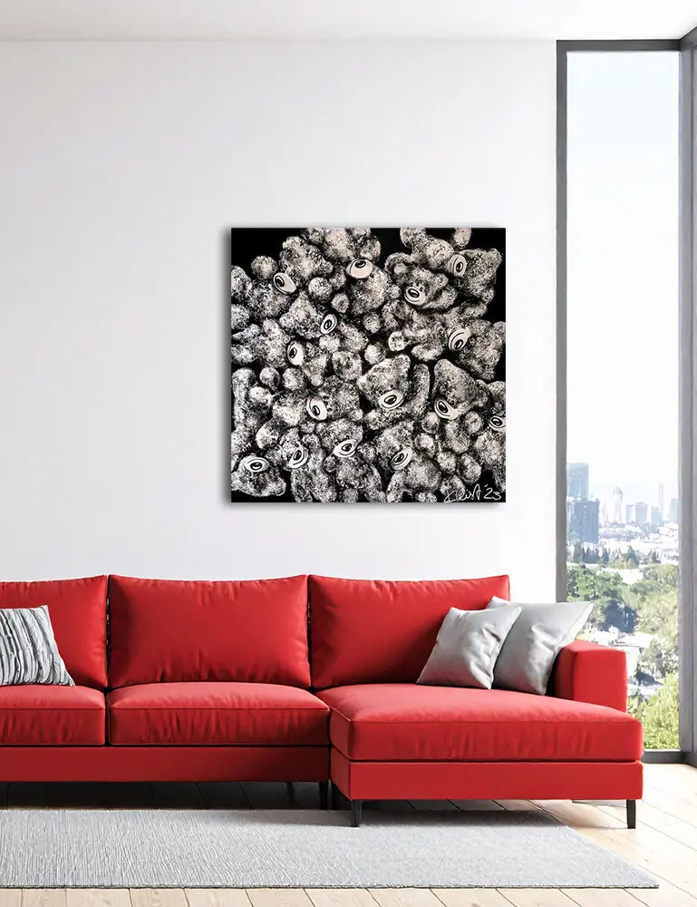 Wir sind viele von Ute Kleist an der Wand – Monochromes Gemälde, 120x120 cm, Teddybären in Schwarz-Weiß | Kunst-Direkt.de

