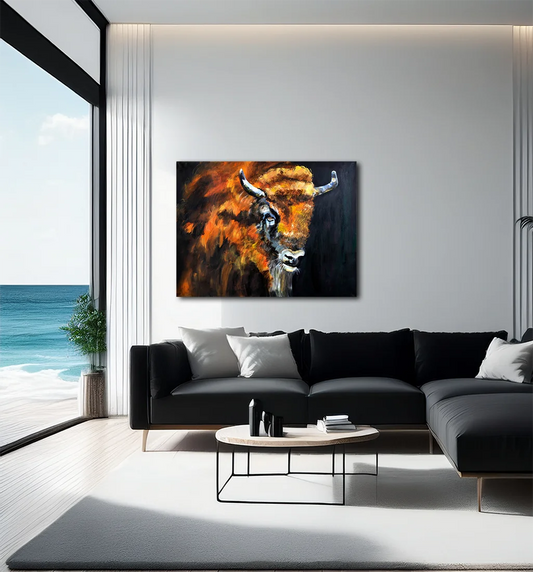 Wisent von Christel Keller an der Wand – Fineart Print auf Leinwand, 120x90 cm, 4cm Galerie-Keilrahmen, kraftvolles Tierporträt | Kunst-Direkt.de
