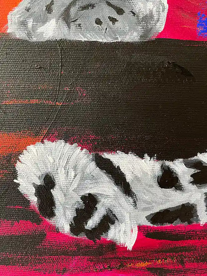 Acrylgemälde eines Leoparden vor rotem Hintergrund, Hochformat, Detail Fell