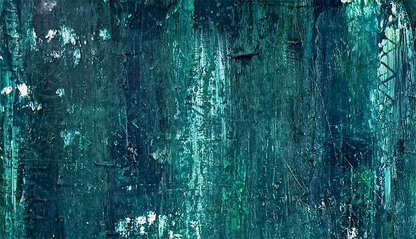 Drei Gemälde / Triptychon einer Serie in dunklem Grün, Detail der abstrakten Oberfläche mit Kratzern und feinen Strukturen