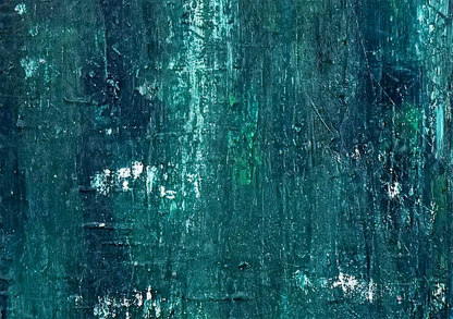 Drei Gemälde / Triptychon einer Serie in dunklem Grün, farbige Striche und Tupfer in weiß und dunklem Blau