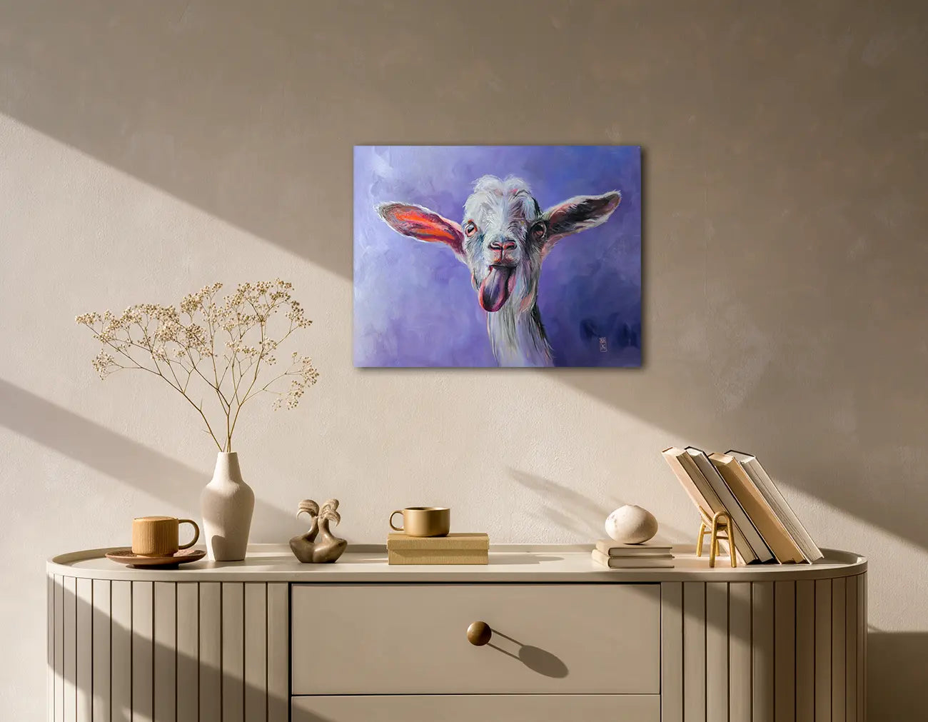 Ziege von Björn Kirste an der Wand – Original-Ölgemälde auf Hartfaserplatte, 40x50 cm, expressiver Realismus, Unikat 2026 | Kunst-Direkt.de
