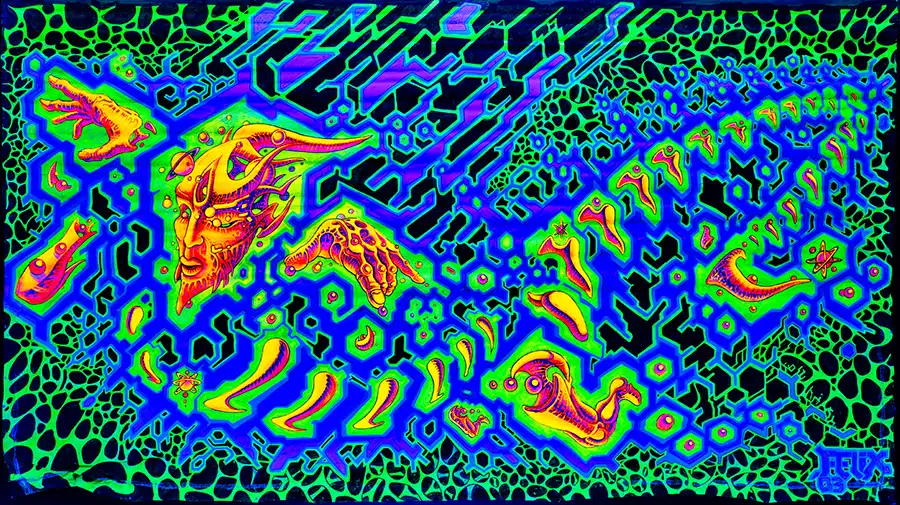 querformat, neon Farben grün, gelb, orange, symetrische Strukturen, ein Kopf und Hände