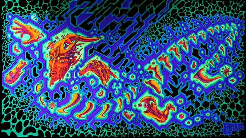 querformat, neon Farben grün, gelb, orange, symetrische Strukturen, ein Kopf und Hände