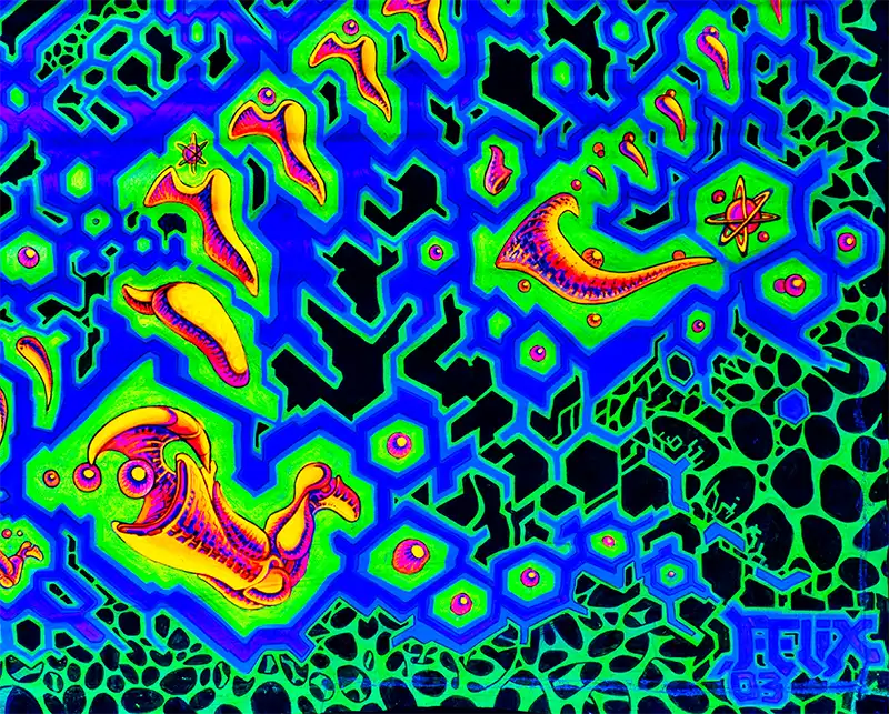 querformat, neon Farben grün, gelb, orange, symetrische Strukturen, ein Kopf und Hände, Detail Struktur