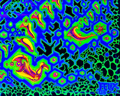 querformat, neon Farben grün, gelb, orange, symetrische Strukturen, ein Kopf und Hände, Detail Struktur