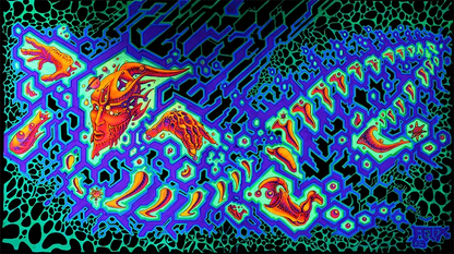 fineart Print, Neonfarben blau, grün, orange, fliegende Figuren und hände, Phantasielandschaft, 160 x 90 cm, Felix Stöver, Kunst-Direkt.de