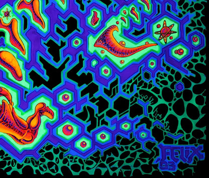 querformat, neon Farben grün, gelb, orange, symetrische Strukturen, ein Kopf und Hände, details