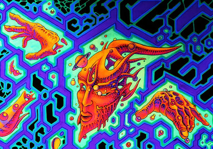 querformat, neon Farben grün, gelb, orange, symetrische Strukturen, ein Kopf und Hände, details orange