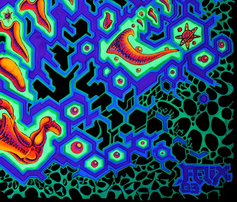 fineart Print, Neonfarben blau, grün, orange, ein blauer Schamane sitzt vor einem Baum, details farben, Phantasielandschaft, 160 x 90 cm, Felix Stöver, Kunst-Direkt.de