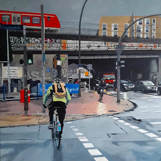 Ölgemälde, strassenszene in Hamburg Altona, Radfahrer, Autos, 100 x 100 cm, Ulla Kutter, Kunst-Direkt.de