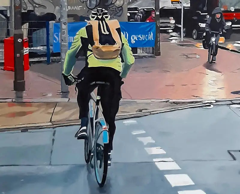 Ölgemälde, strassenszene in Hamburg Altona, Radfahrer, Autos, details, 100 x 100 cm, Ulla Kutter, Kunst-Direkt.de