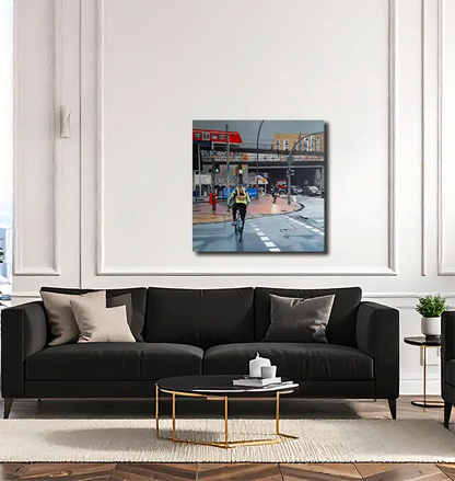 Ölgemälde, strassenszene in Hamburg Altona, Radfahrer, Autos, 100 x 100 cm, hängend, Ulla Kutter, Kunst-Direkt.de