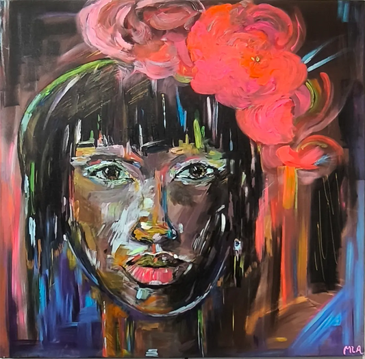 Black Beauty – Acrylgemälde von Maren Lüke-Amato, 100x100 cm, Frauenporträt mit korallenroter Blumenkrone | Kunst-Direkt.de
